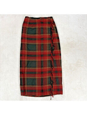 Breckins Plaid Skirt Womens Size 8 Red Green Tartan Fringe Midi Italy vtg 90's